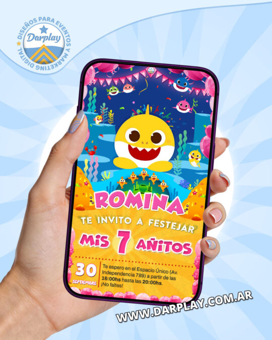 Invitación Digital Baby Shark para Niña