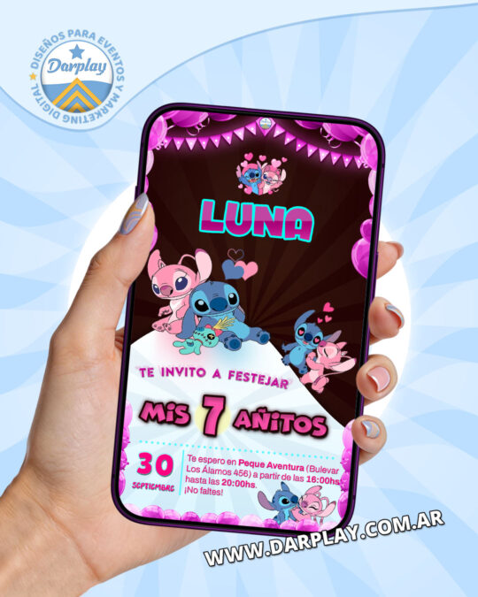 Invitación Digital Stitch y Angel Juntos para Niña