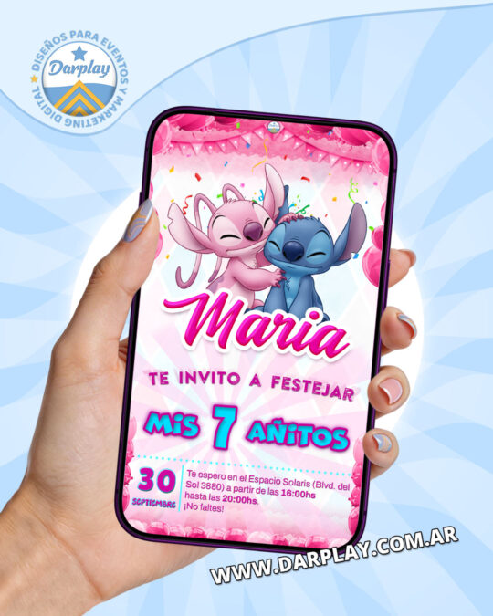 Invitación Digital Stitch y Angel para Niña
